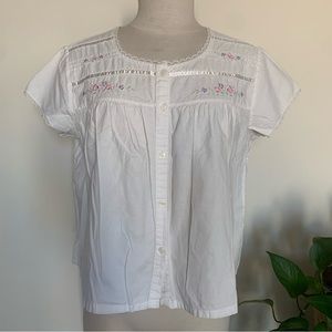 Vintage 70s white cotton boho French country embroidered button up sleep shirt